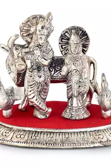 White Metal Lord Radha Krishna Idol with Cow