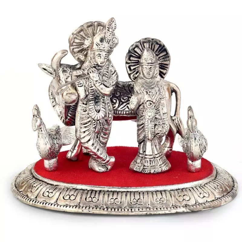 White Metal Lord Radha Krishna Idol with Cow