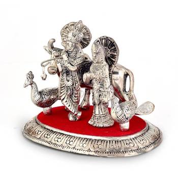 White Metal Lord Radha Krishna Idol with Cow 2