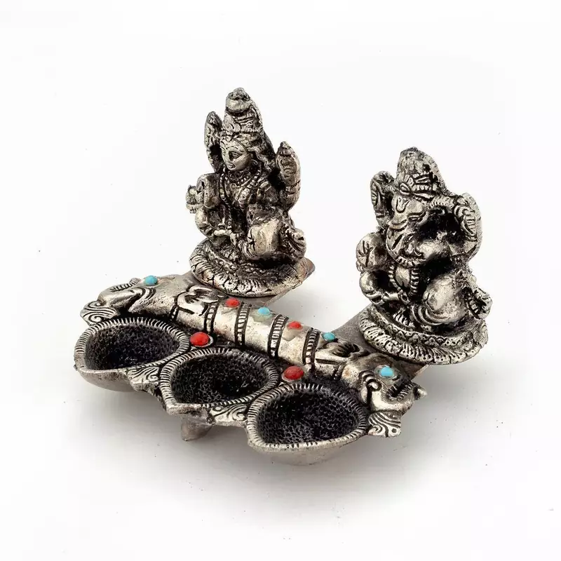 White Metal Lord Laxmi Ganeshas With Diya Set