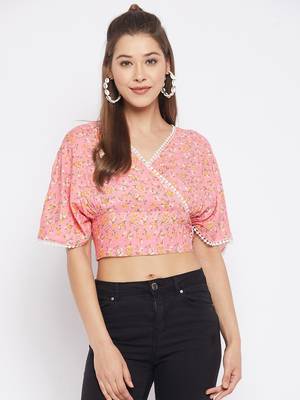 Pink printed viscose rayon crop-tops 1