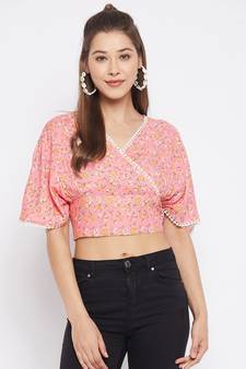 Pink printed viscose rayon crop-tops