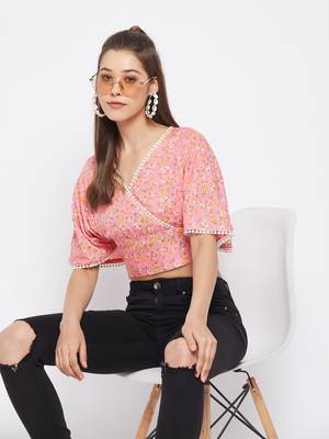 Pink printed viscose rayon crop-tops 2