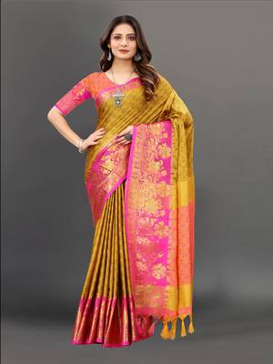 Yellow Woven Cotton Silk Saree With Blouse 1