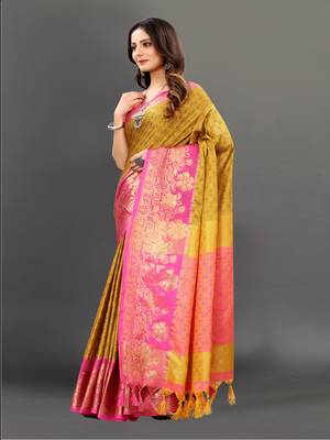 Yellow Woven Cotton Silk Saree With Blouse 3