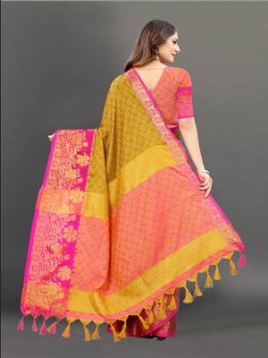 Yellow Woven Cotton Silk Saree With Blouse 4