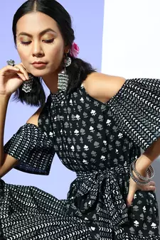 Black printed cotton maxi-dresses