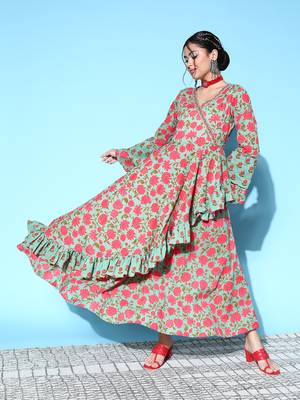 Green printed cotton maxi-dresses 1
