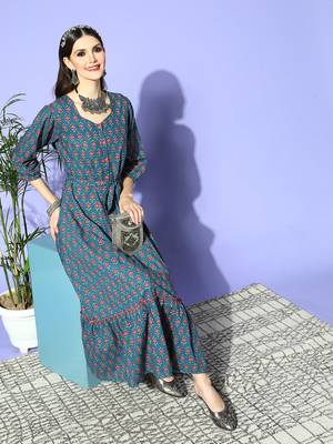 Blue printed cotton maxi-dresses 5
