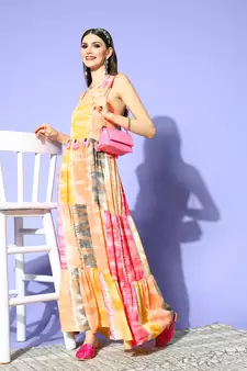 Multicolor printed viscose rayon maxi-dresses
