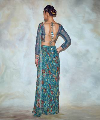 Teal Blue Mix Embroidered Saree Set 4