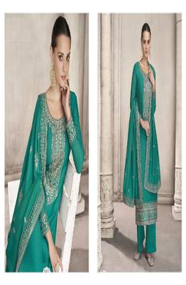 Sea Green embroidery georget silk semistitch straight suits palazzo salwar suits 2