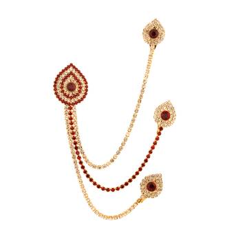 Impressive American Diamond Rhinestone Gold Party Maroon Stone With Hanging Chain Brooch For Men 2