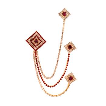Impressive American Diamond Rhinestone Gold Party Maroon Stone With Hanging Chain Brooch For Men 2