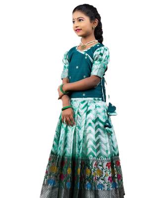 Shivangi Girls Green Zig Zag shibori Pattu Pavadai for Girls!!! 2