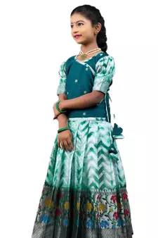 Shivangi Girls Green Zig Zag shibori Pattu Pavadai for Girls!!!