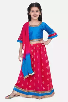 BownBee Chiffon Brocade Lehenga choli for Girls-Blue