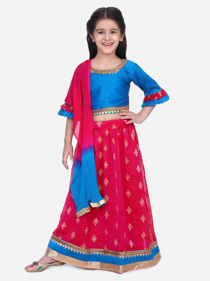 BownBee Chiffon Brocade Lehenga choli for Girls-Blue