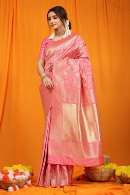 Light pink woven Faux kanchipuram silk saree with blouse 1