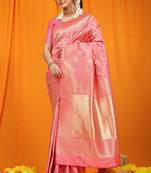 Light pink woven Faux kanchipuram silk saree with blouse
