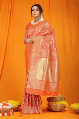 Peach woven Faux kanchipuram silk saree with blouse 1