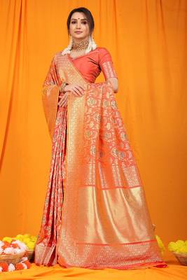 Peach woven Faux kanchipuram silk saree with blouse 2