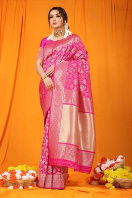 Pink woven Faux kanchipuram silk saree with blouse 1