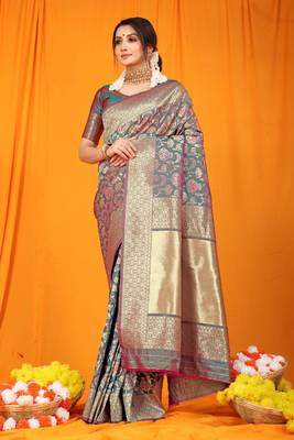 Teal woven Faux kanchipuram silk saree with blouse 1