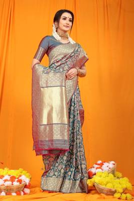 Teal woven Faux kanchipuram silk saree with blouse 2