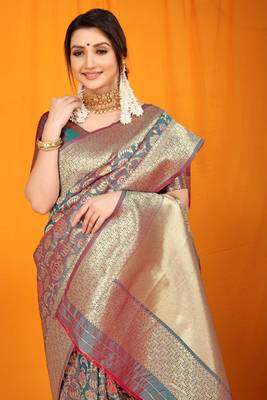 Teal woven Faux kanchipuram silk saree with blouse 3
