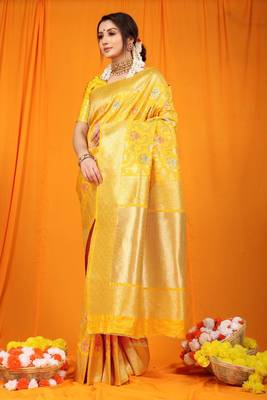 Yellow woven Faux kanchipuram silk saree with blouse 1