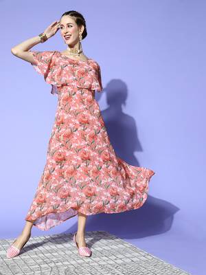 Coral printed georgette maxi dresses 1