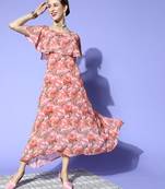 Coral printed georgette maxi dresses