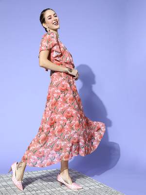 Coral printed georgette maxi dresses 2