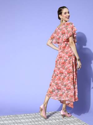 Coral printed georgette maxi dresses 3