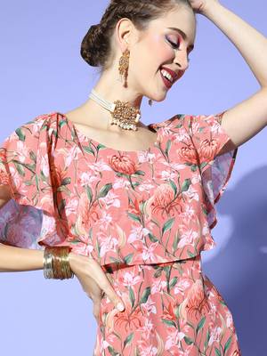 Coral printed georgette maxi dresses 4