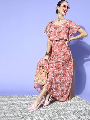 Coral printed georgette maxi dresses 5