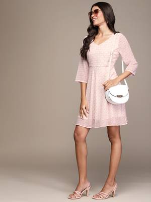 White printed georgette short dresses 1