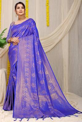 Blue woven kanchipuram silk saree with blouse 1