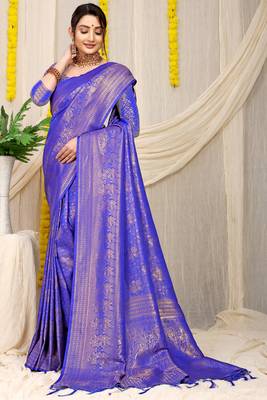 Blue woven kanchipuram silk saree with blouse 2