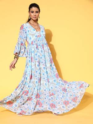 Sky-blue printed georgette maxi dresses 1