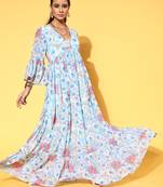 Sky-blue printed georgette maxi dresses