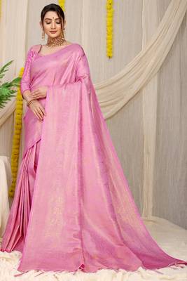 Pink woven kanchipuram silk saree with blouse 1