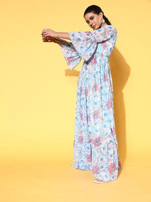 Sky-blue printed georgette maxi dresses 2