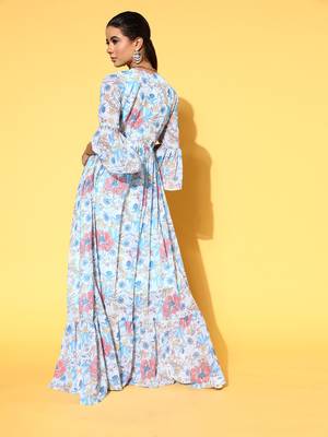 Sky-blue printed georgette maxi dresses 3