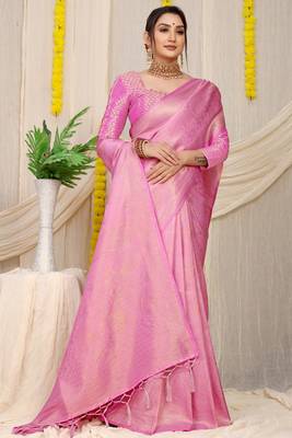 Pink woven kanchipuram silk saree with blouse 2