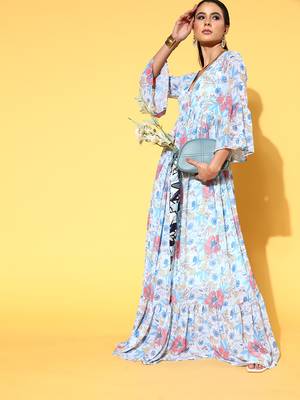 Sky-blue printed georgette maxi dresses 5