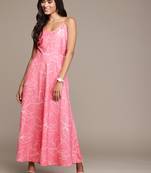 Pink printed polyester maxi dresses