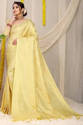 Yellow woven kanchipuram silk saree with blouse 1