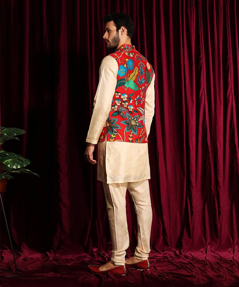 Off White & Red Cotton silk Kurta Chudidar with printed Raw silk Bundi Set